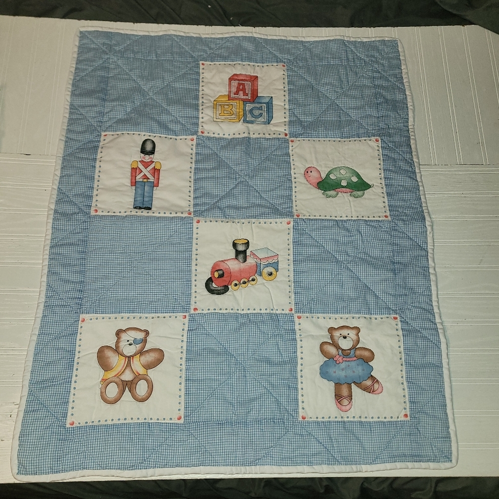 Baby Babies Boy Blue Quilted Blanket Blocks ABC Solider Turtle Train Bear Solid